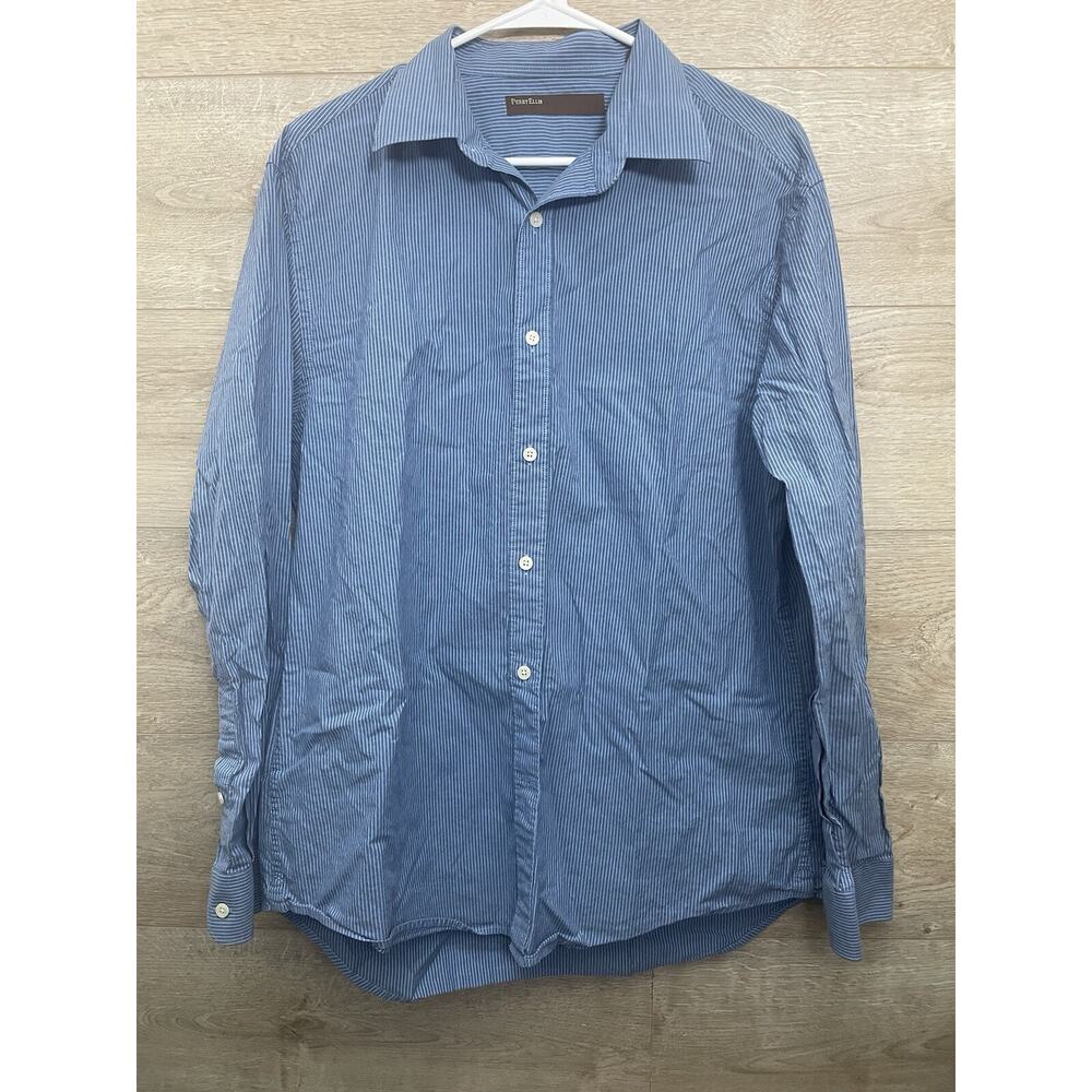 Perry Ellis Shirt Mens Large L Blue Striped Long Sleeve Button Front 100% Cotton